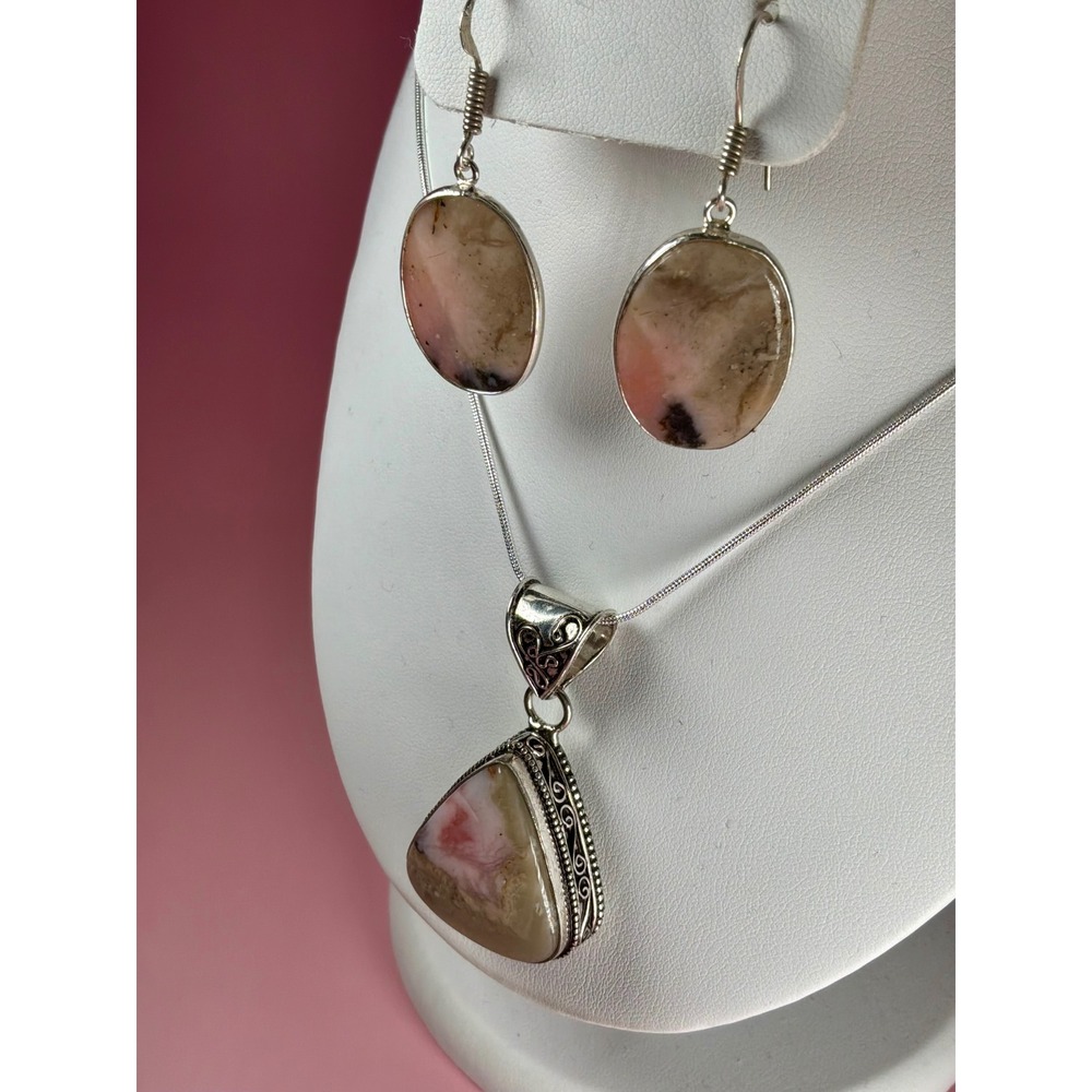 Pink Opal Necklace & Earrings Jewelry Set